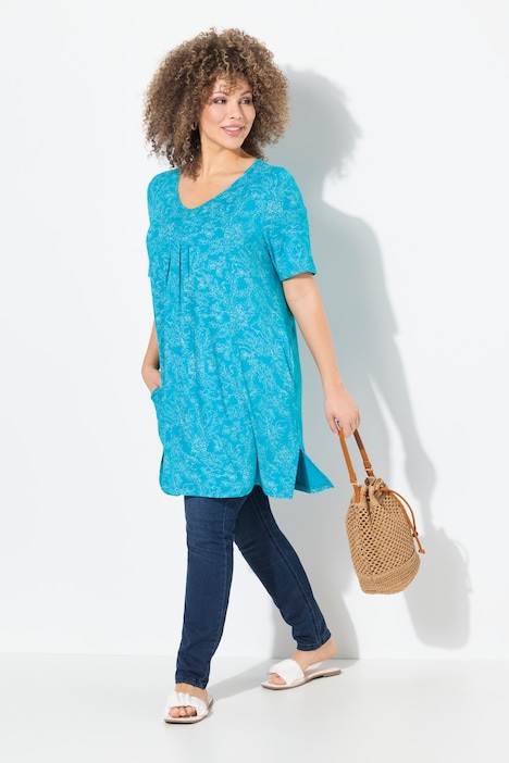 GinDin Tunica Donna Con Maniche 3/4 E Stampa Floreale, Scollo A V – Taglie Forti Dalla L Alla 4XL, Morbida E Leggera