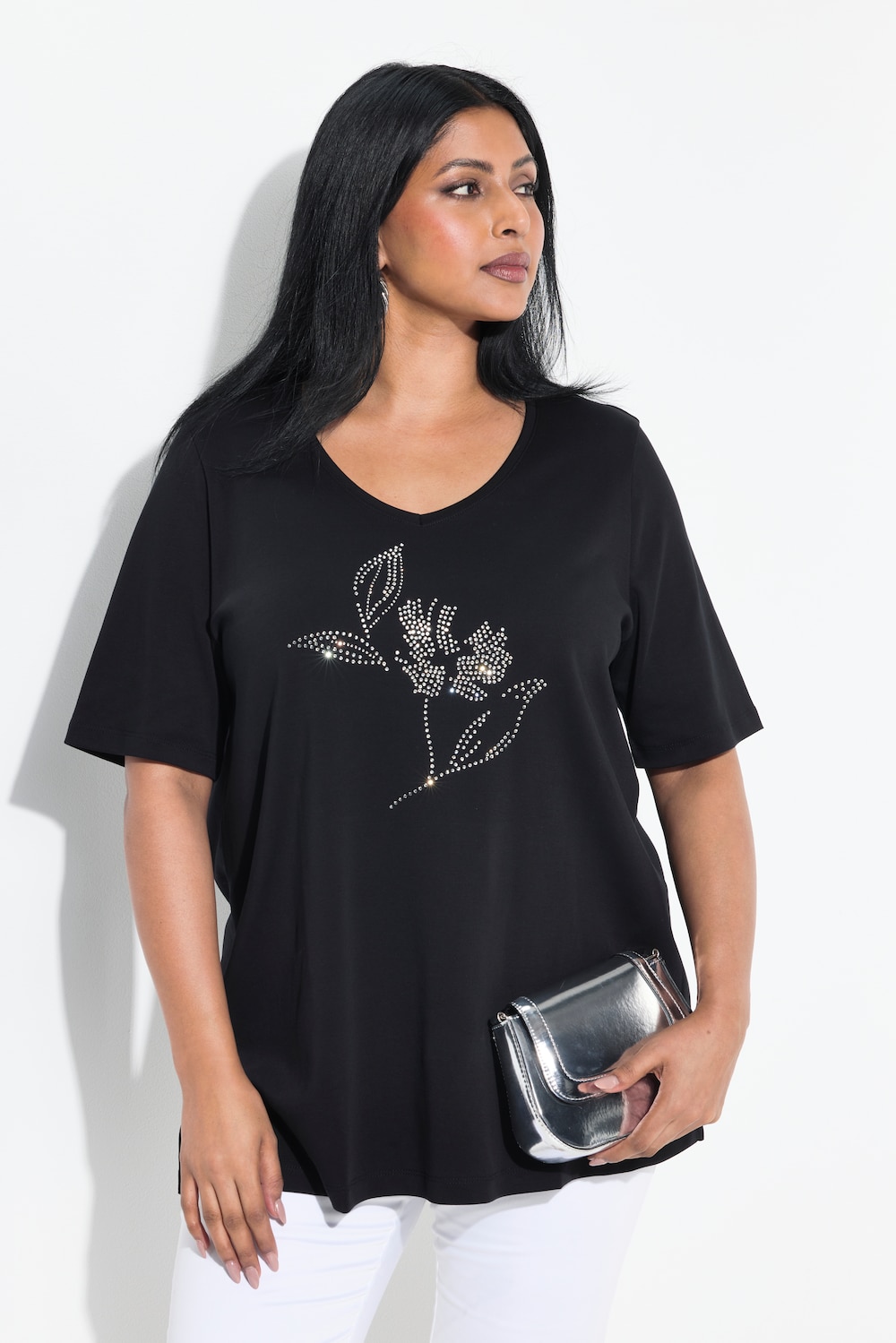 T-shirt, siersteentjes, V-hals, korte mouw, Pima Cotton