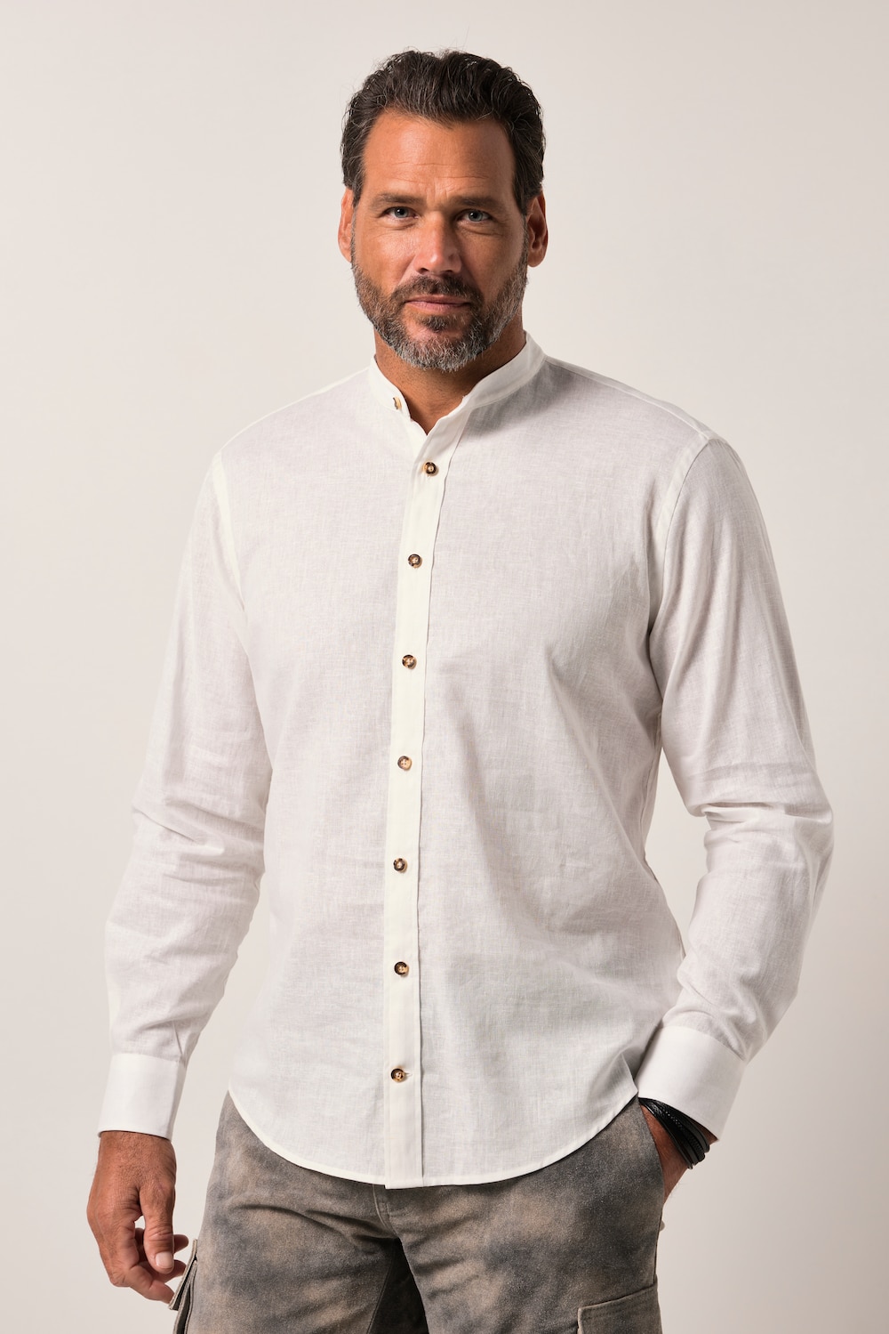 JP1880 traditioneel overhemd, lange mouwen, linnenmix, opstaande kraag, Modern-Fit, tot 8XL