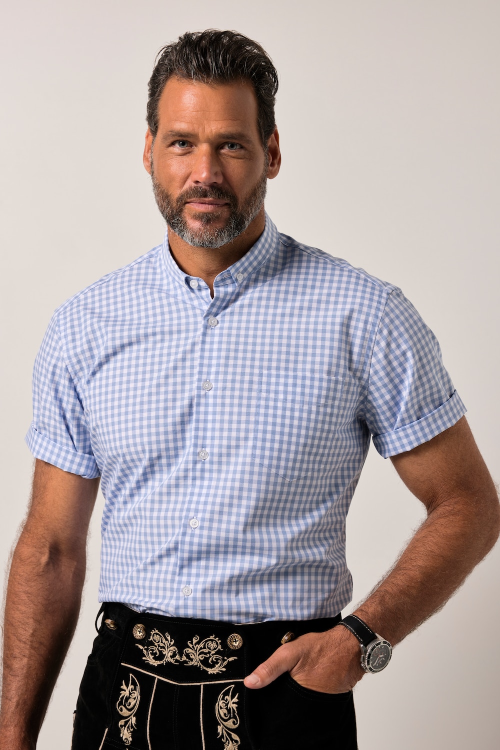 JP1880 geruit overhemd, klederdracht, korte mouwen, kleine buttondown-kraag, Modern Fit, tot 8XL