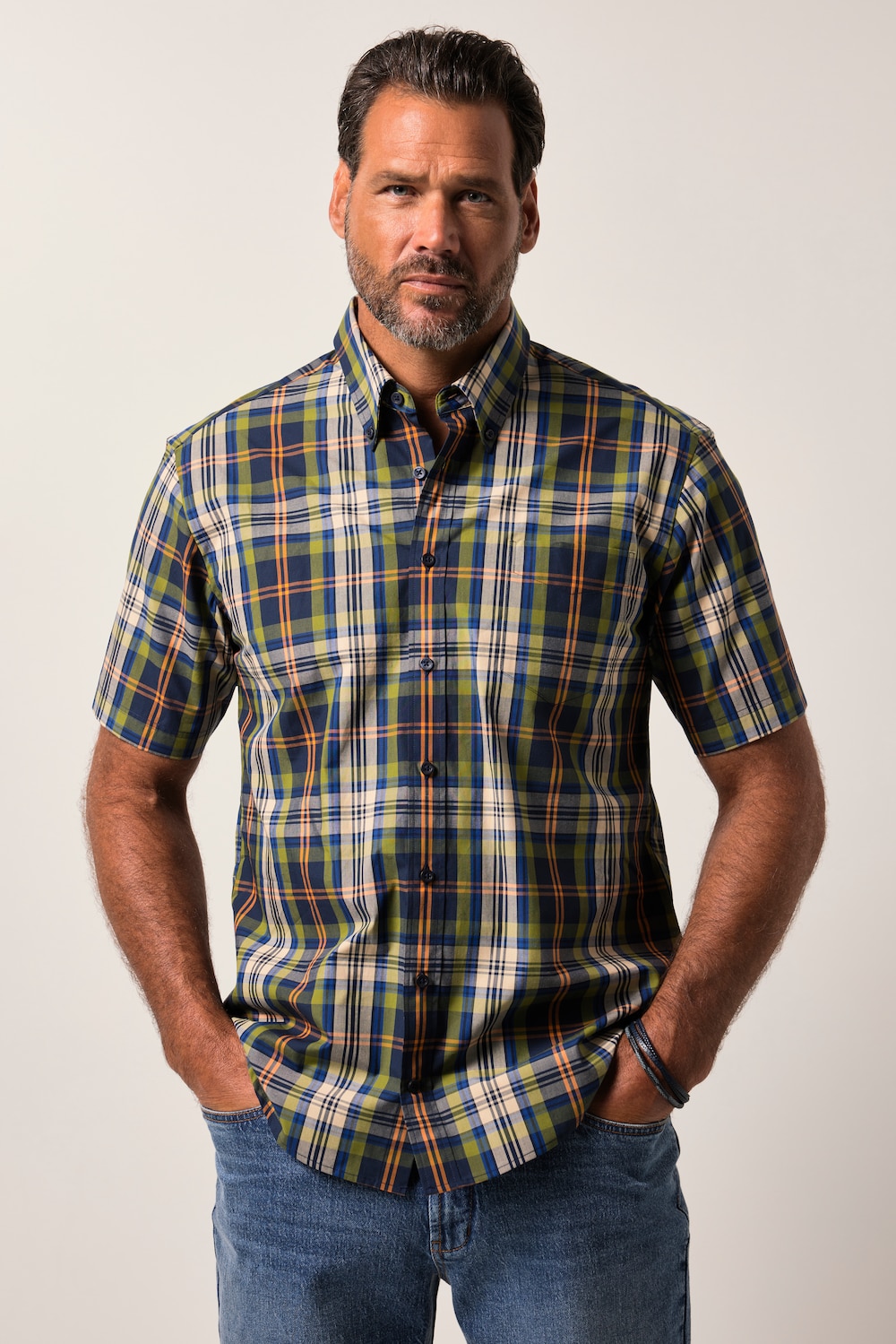 JP1880 geruit overhemd, korte mouw, buttondown-kraag, modern fit, tot 8XL