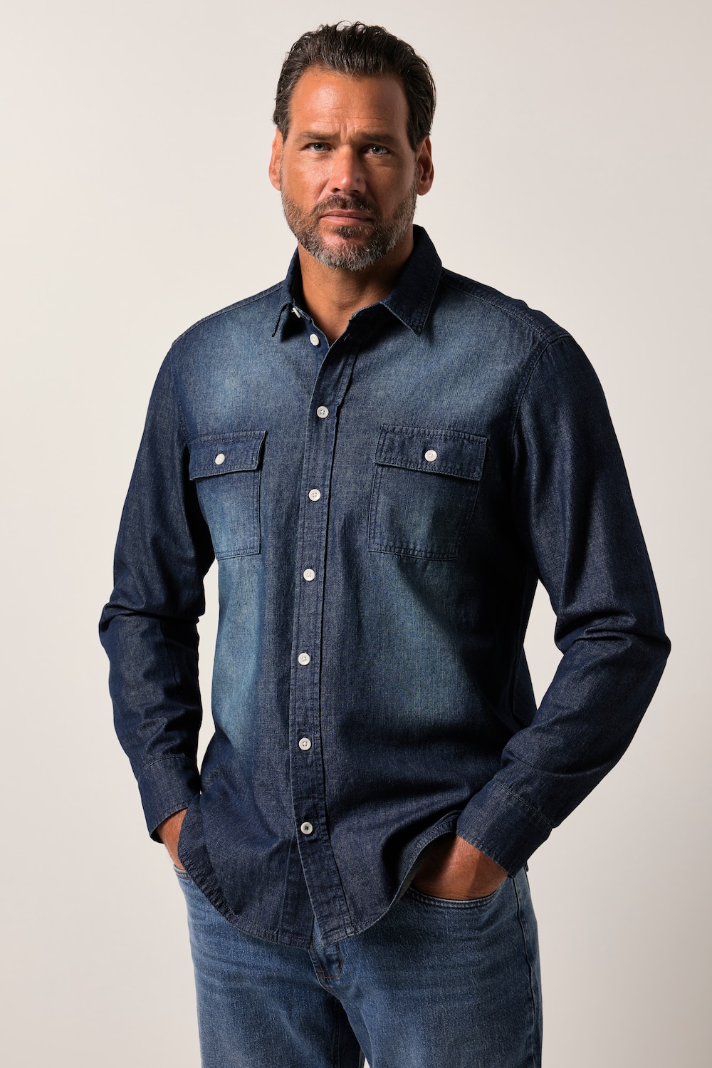 JP1880 Jeanshemd, Langarm, Kentkragen, Vintage Look, Modern Fit, bis 8 XL