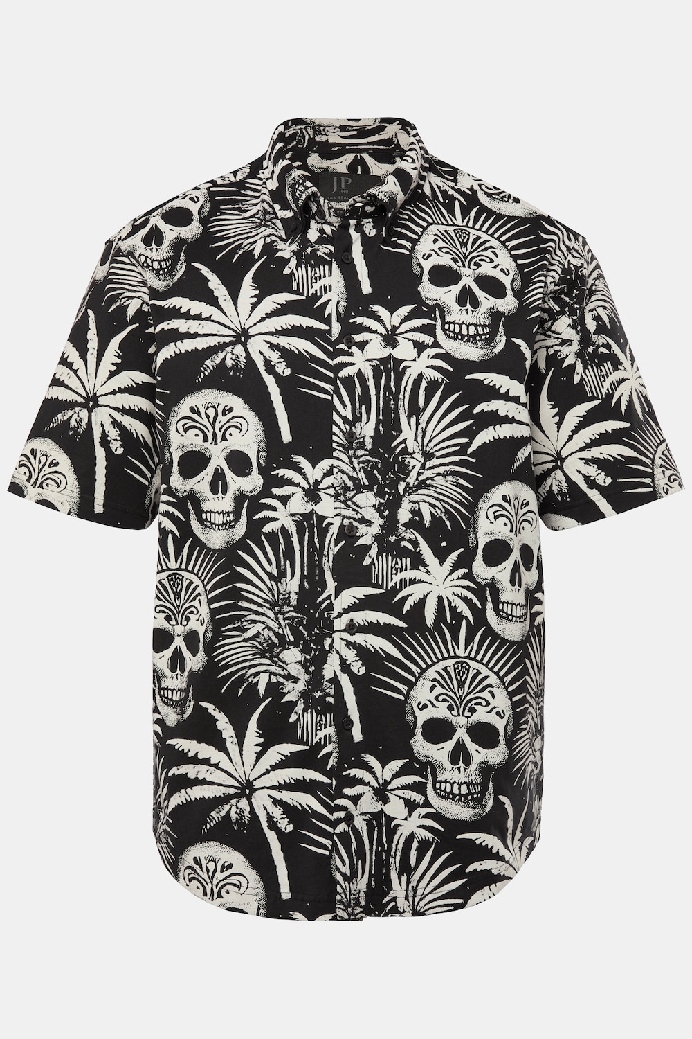 Chemise en jersey JP 1880, manches courtes et col à pointes boutonnées, motif tête de mort, coupe Modern Fit - jusqu'au 8 XL