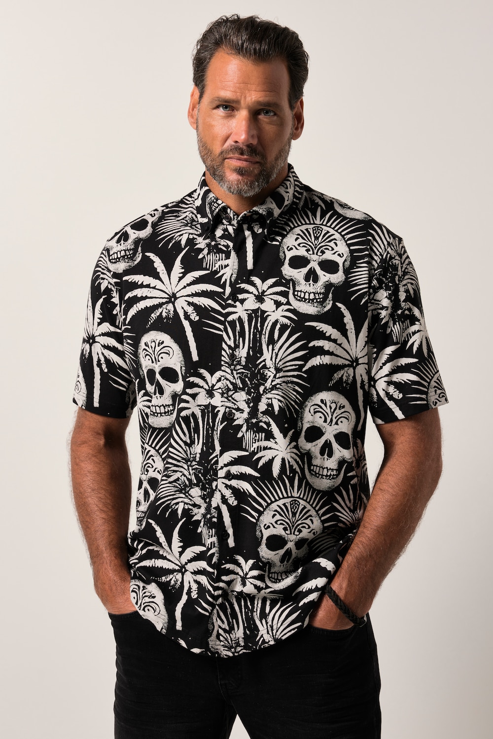 JP1880 jersey overhemd, korte mouw, buttondown-kraag, schedelmotief, modern fit, tot 8XL