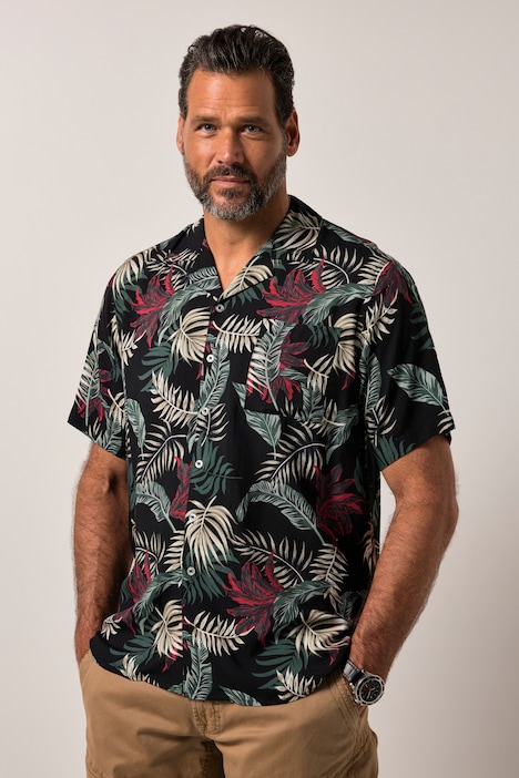 Chemise JP 1880 en viscose imprimé all-over. Manches courtes, col cubain et coupe Cuba Fit - jusqu'au 8 XL