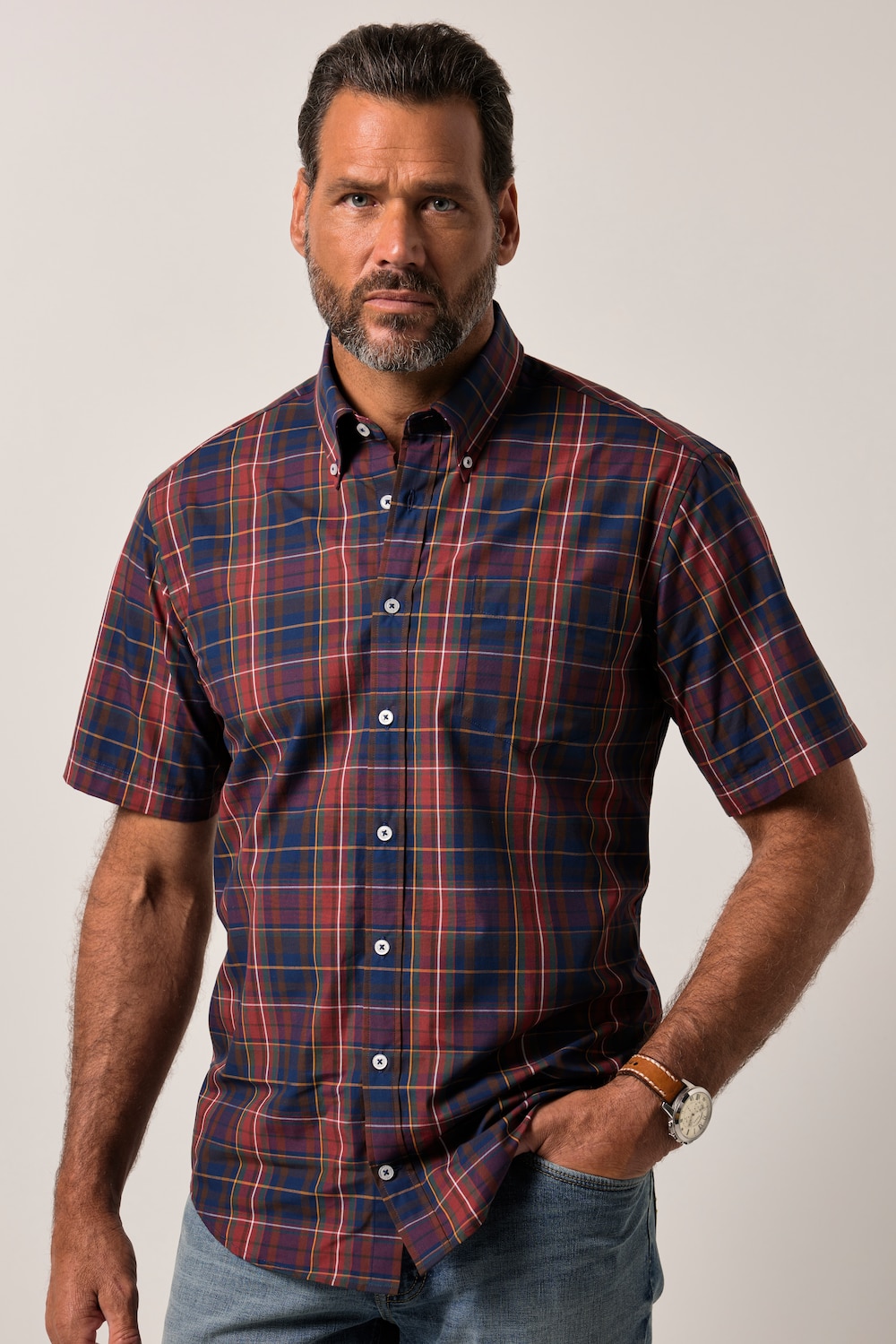 JP1880 geruit overhemd, korte mouwen, buttondown-kraag, Modern Fit, tot 8XL