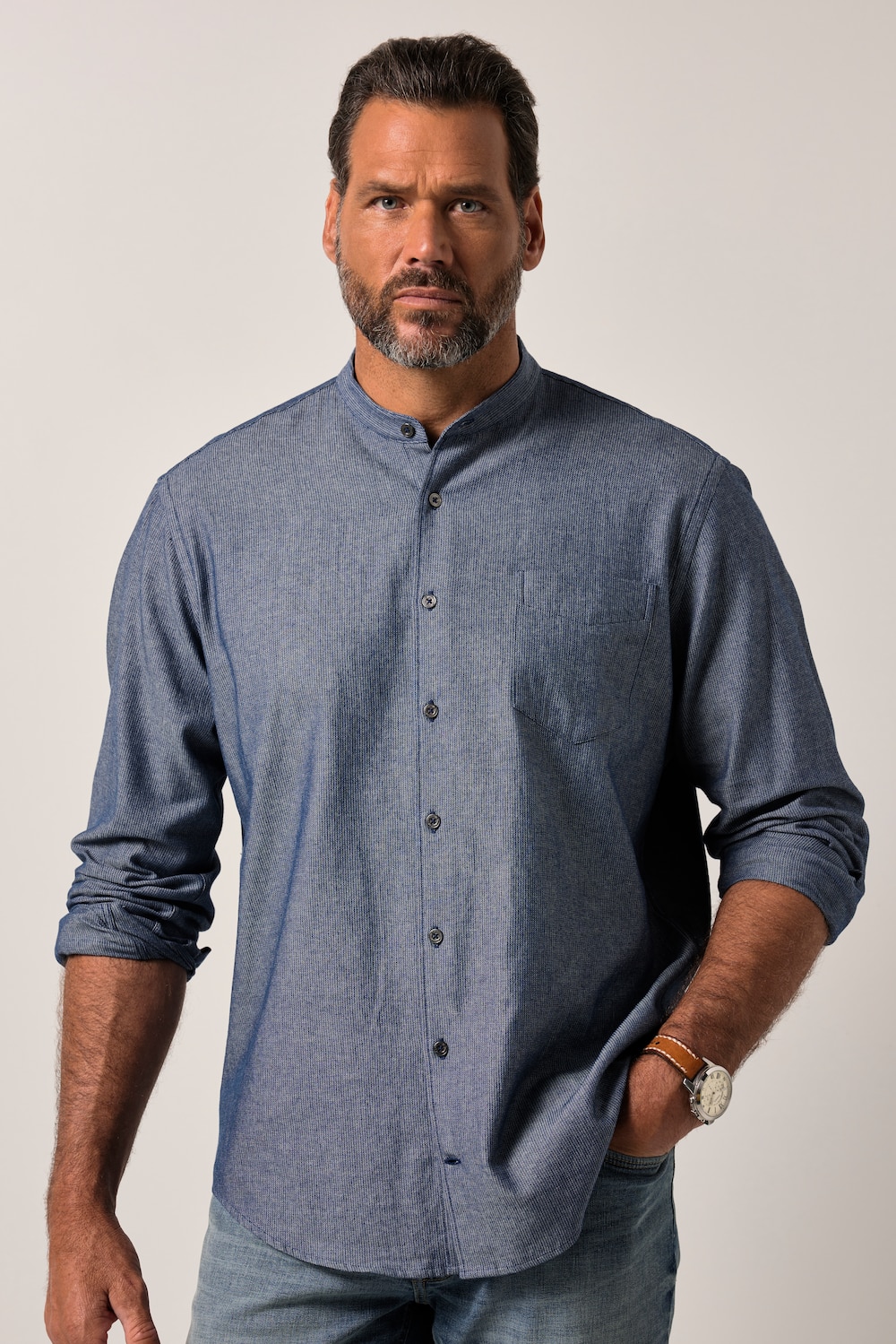 JP1880 Jeanshemd, Denim, Langarm, Stehkragen, Modern Fit, bis 8 XL