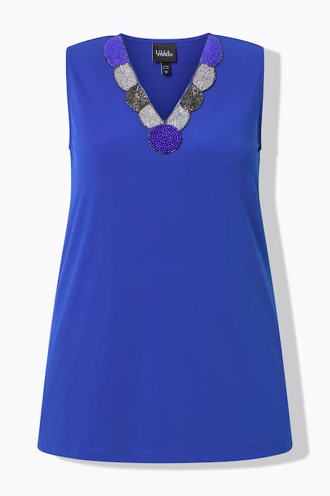 Top, Perlenstickerei, A-Linie, V-Ausschnitt, ärmellos