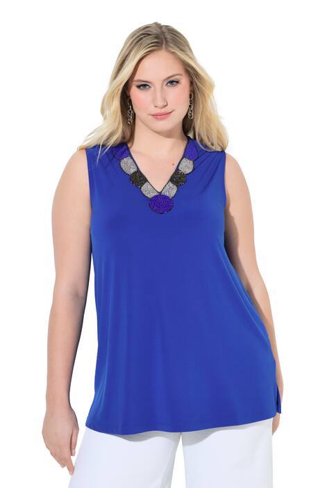 Top, perlová výšivka, A střih, výstřih do V, bez rukávů