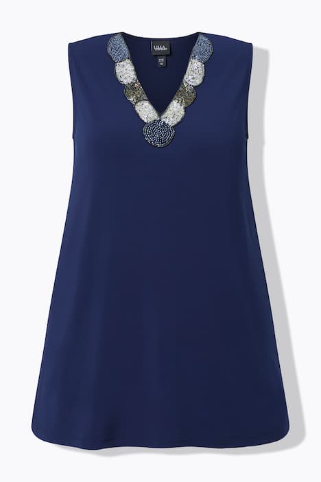 Top, Perlenstickerei, A-Linie, V-Ausschnitt, ärmellos