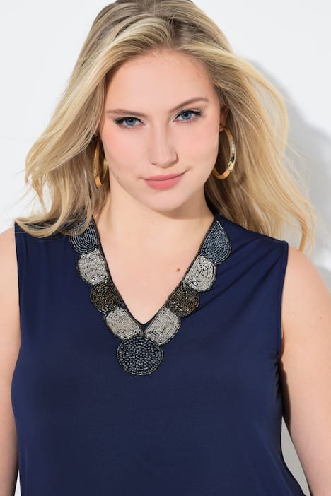 Top, Perlenstickerei, A-Linie, V-Ausschnitt, ärmellos