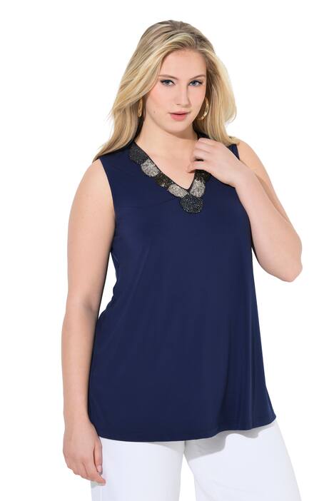 Top, perlová výšivka, A střih, výstřih do V, bez rukávů
