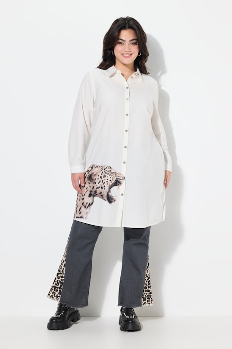 Overhemdblouse, oversized, luipaard aan de zijkant van de zoom