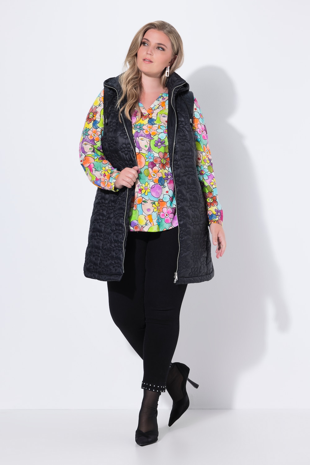 Long-Steppweste, Blumen-Steppmuster, Kapuze, 2-Wege-Zipper