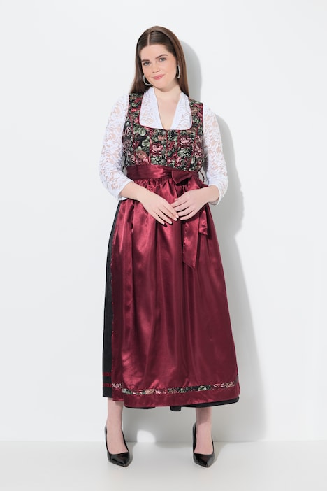 Dirndl, Blüten, Carré-Ausschnitt, Satinschürze, ärmellos