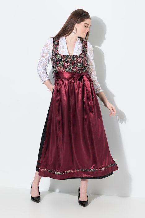 Dirndl, Blüten, Carré-Ausschnitt, Satinschürze, ärmellos