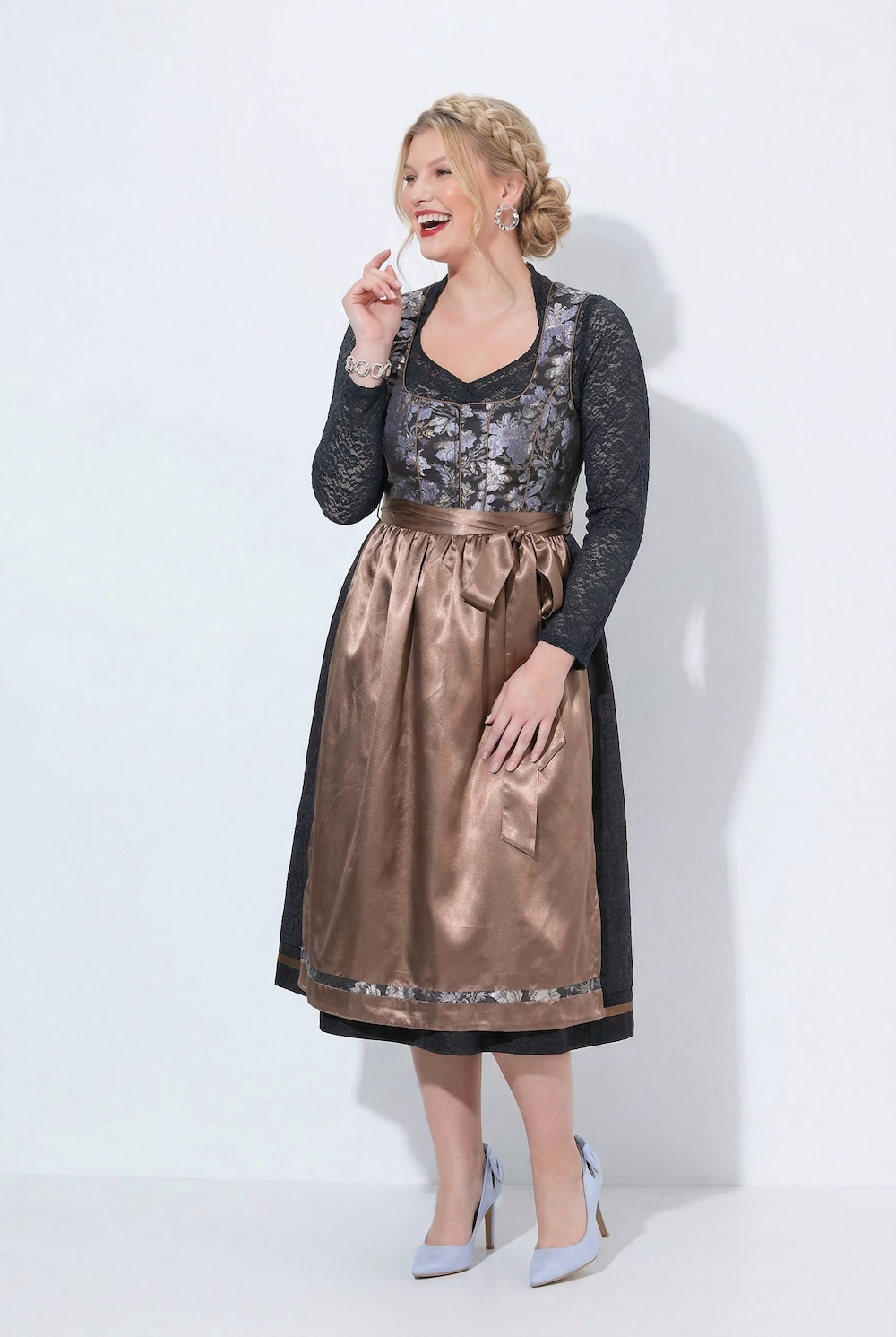 Dirndl, Blüten, Carree-Ausschnitt, Satinschürze, ärmellos