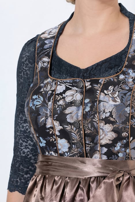 Dirndl, Blüten, Carree-Ausschnitt, Satinschürze, ärmellos