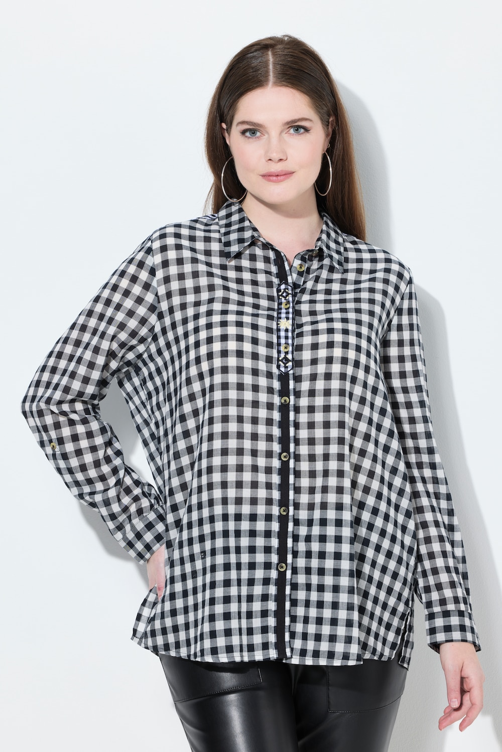 Große Größen Trachten-Karobluse, Damen, schwarz, Größe: 42/44, Baumwolle, Ulla Popken