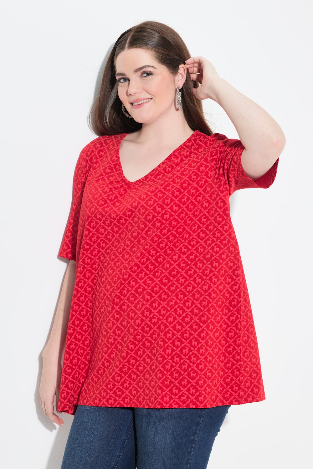 T-Shirt, Trachtenmuster, A-Linie, V-Ausschnitt, Halbarm