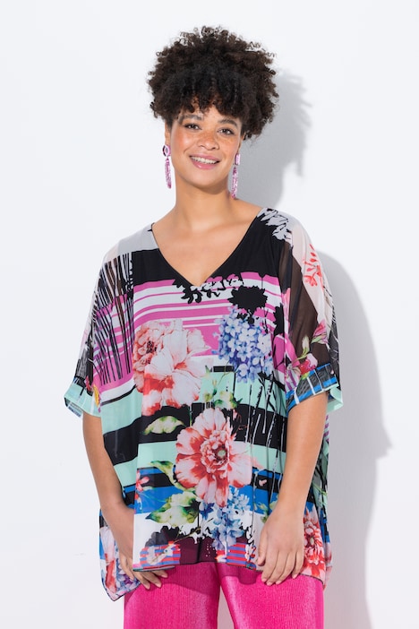 Meshblouse, oversized, all-over print, ondoorzichtige jersey-top