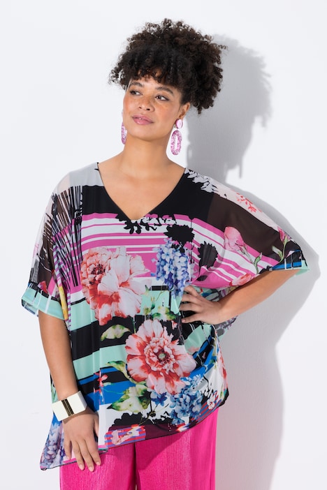 Meshblouse, oversized, all-over print, ondoorzichtige jersey-top