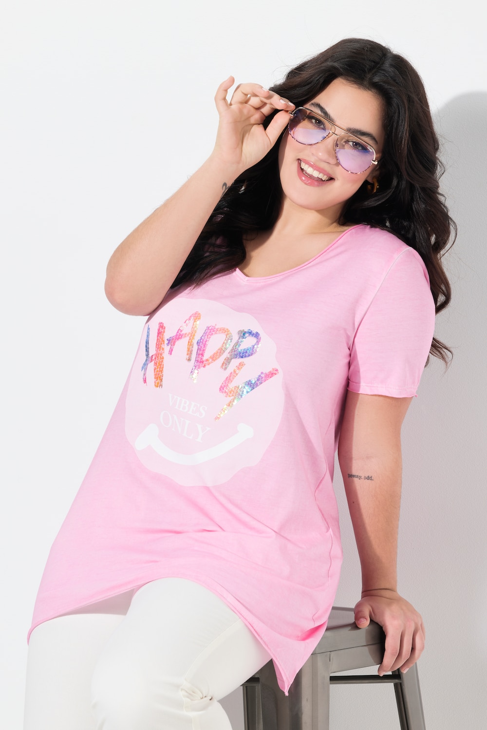 T-shirt, A-lijn, regenboogpailletten-smiley