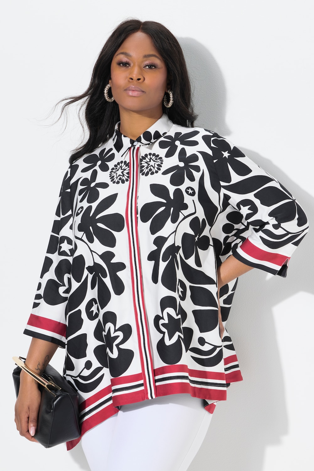 Satijnen blouse, bloemdesign, puntzoom, 3/4-mouw