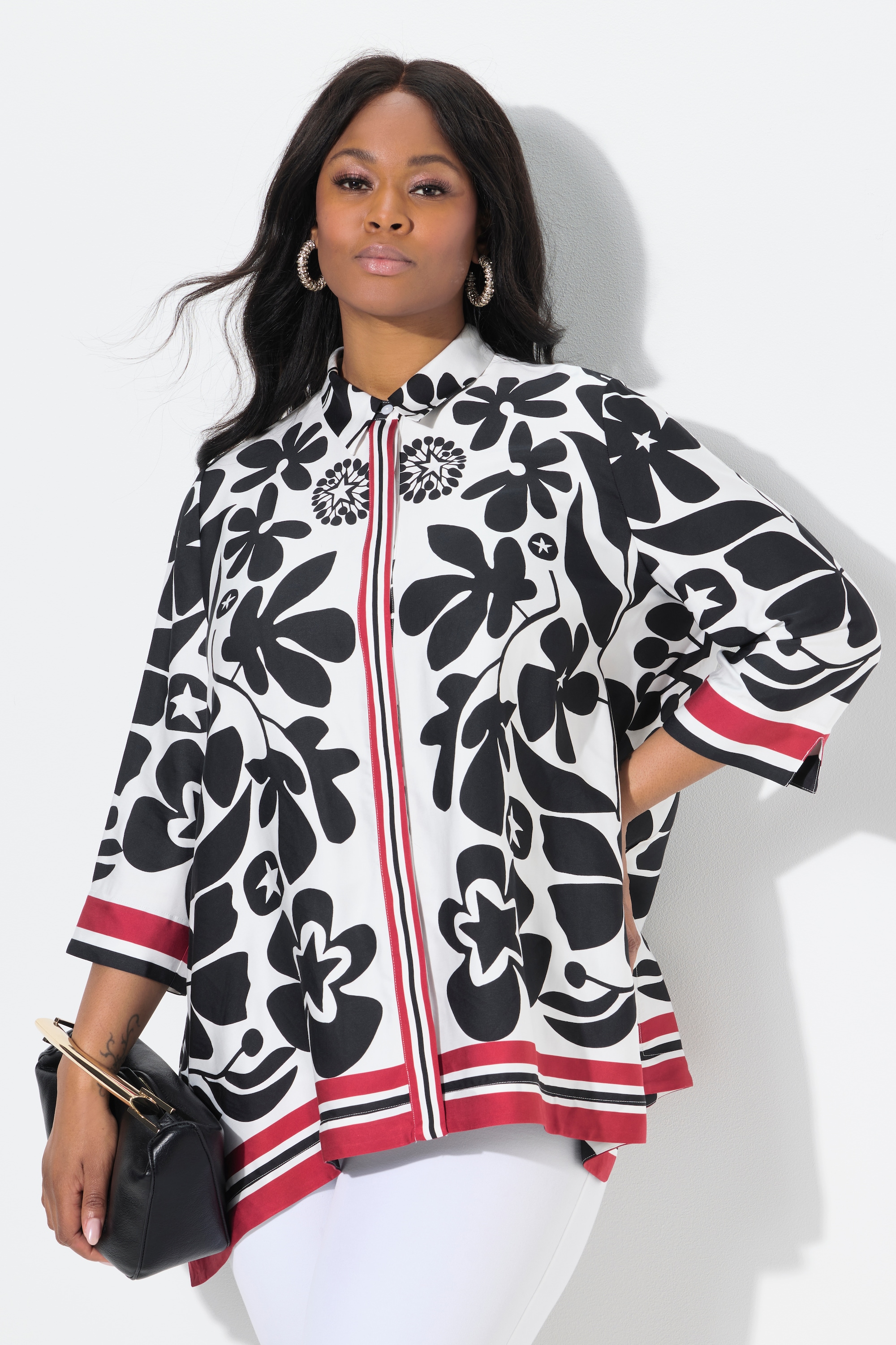 Ulla Popken Damen große Größen Satinbluse Blüten Design Zipfelsaum