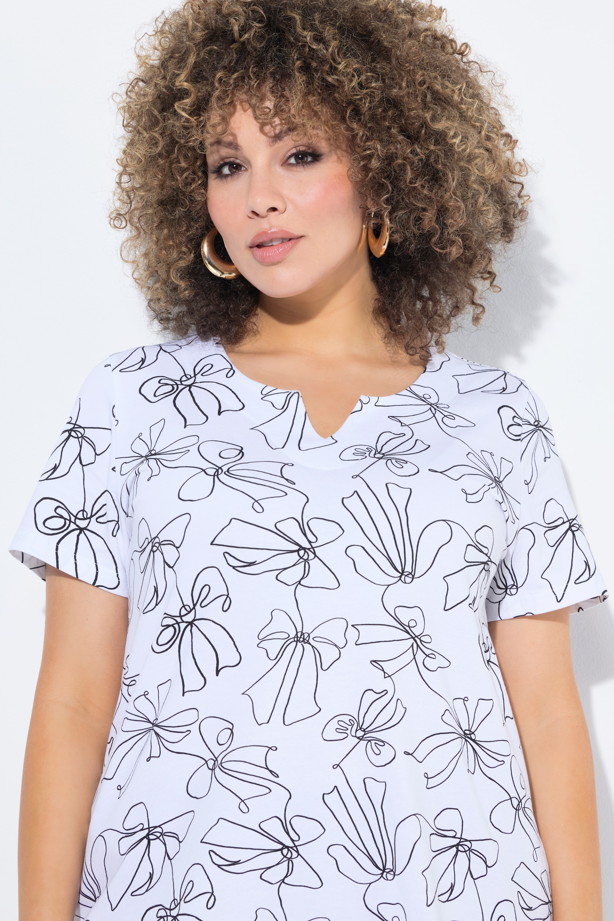 Ulla Popken Damen große Größen T Shirt Schleifen A Linie Tunika Ausschnitt