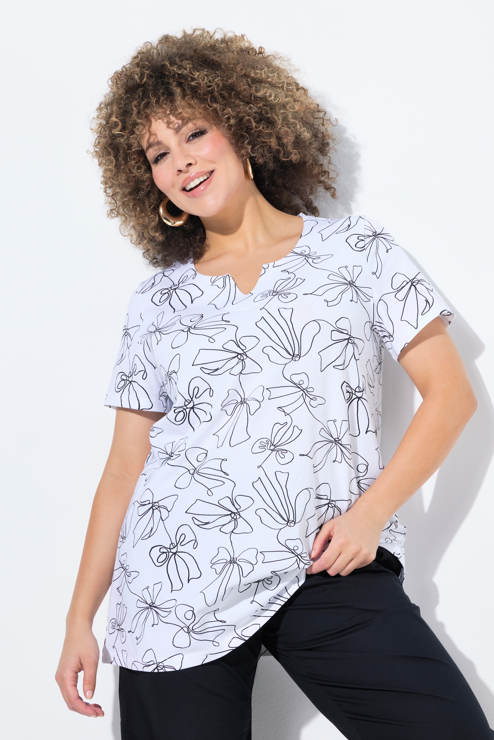 Ulla Popken Damen große Größen T Shirt Schleifen A Linie Tunika Ausschnitt