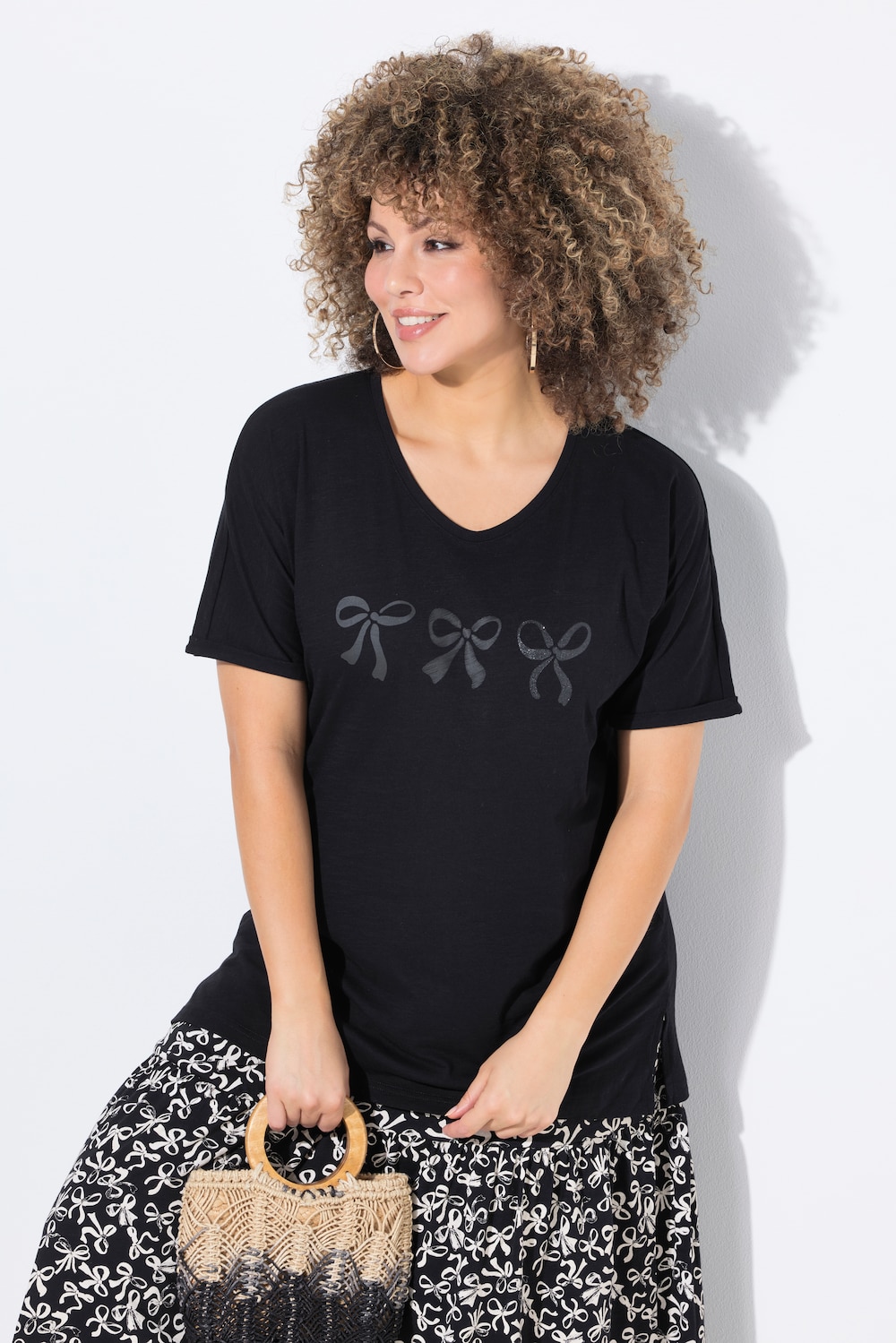 T-shirt, strikken, oversized, V-hals, korte mouwen
