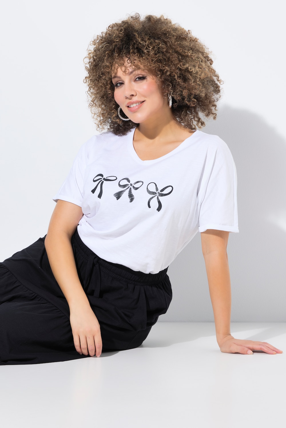 T-Shirt, Schleifen, Oversized, V-Ausschnitt, Halbarm