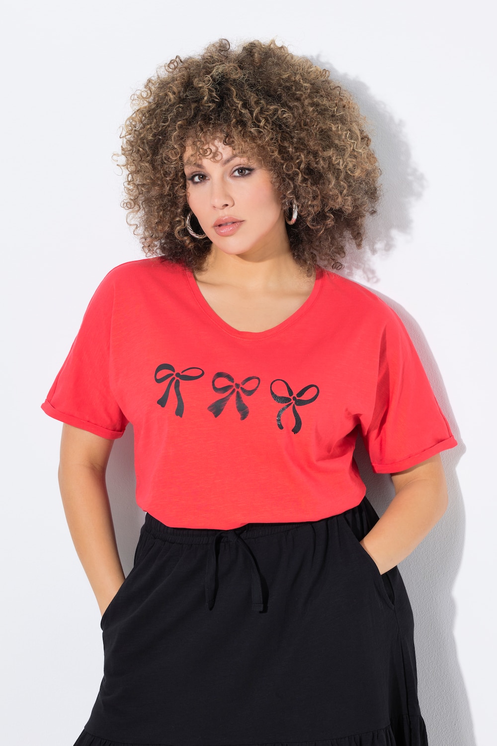 T-shirt, strikken, oversized, V-hals, korte mouwen