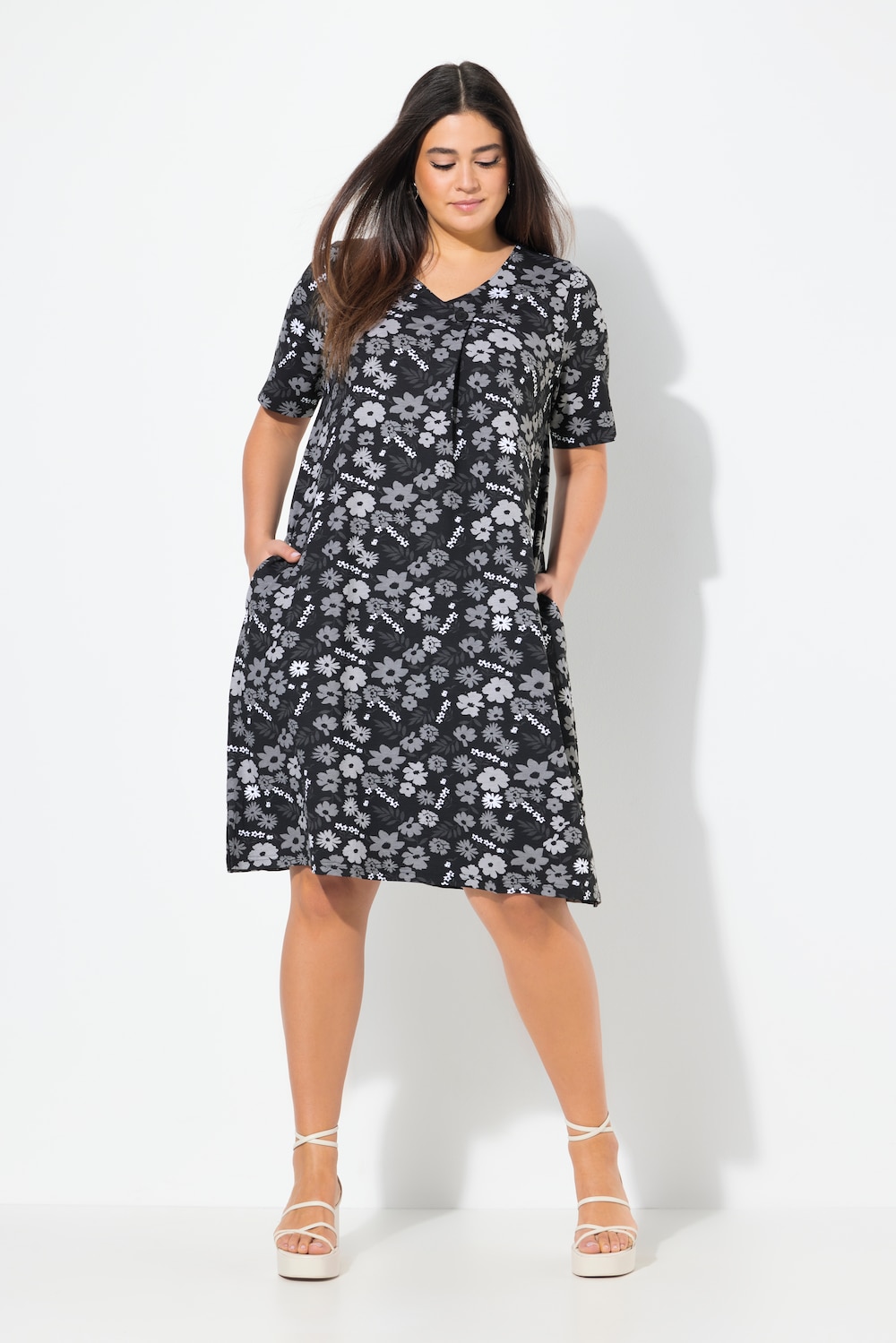 Jerseykleid, Blüten, A-Linie, V-Ausschnitt, Halbarm