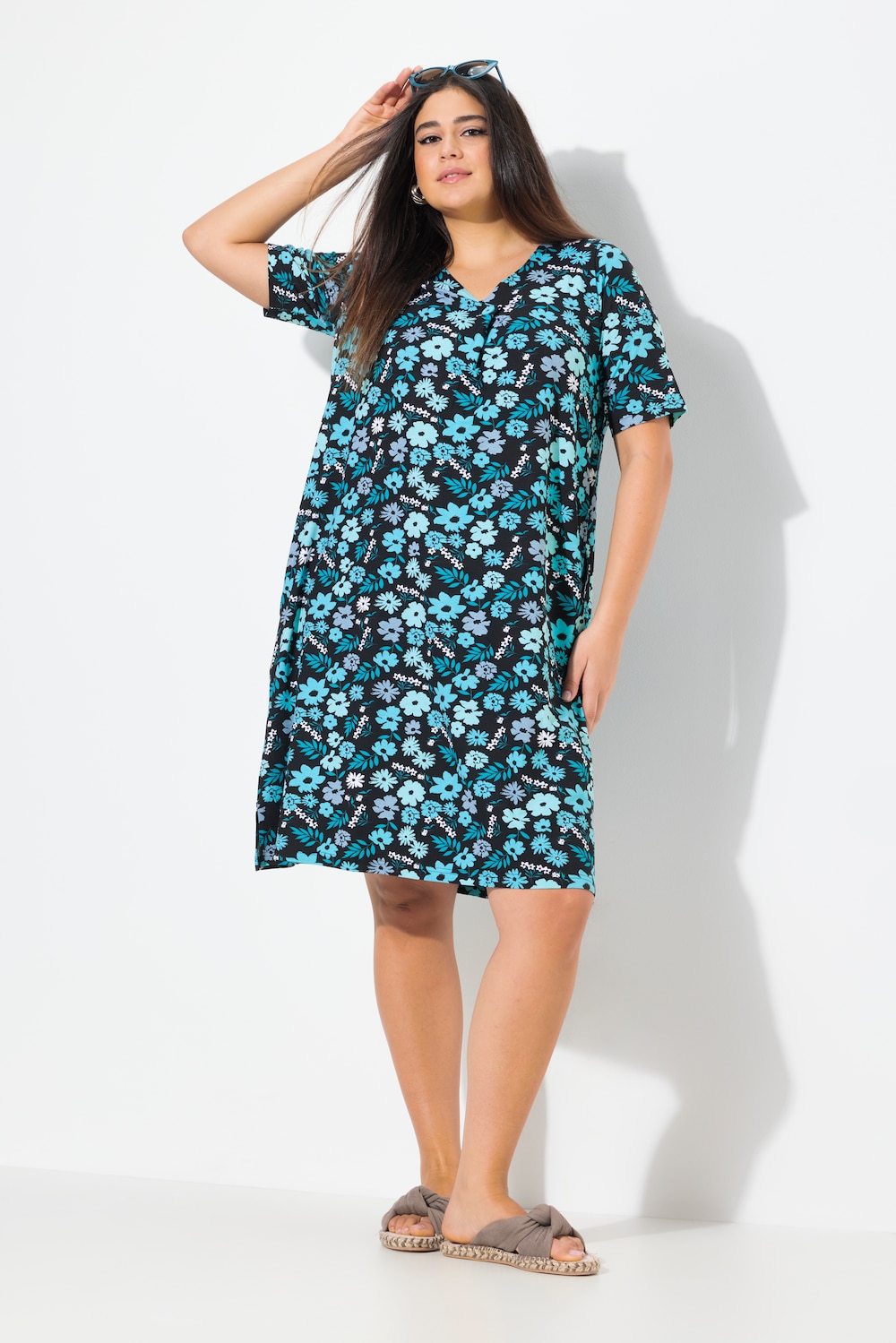 Jerseykleid, Blüten, A-Linie, V-Ausschnitt, Halbarm