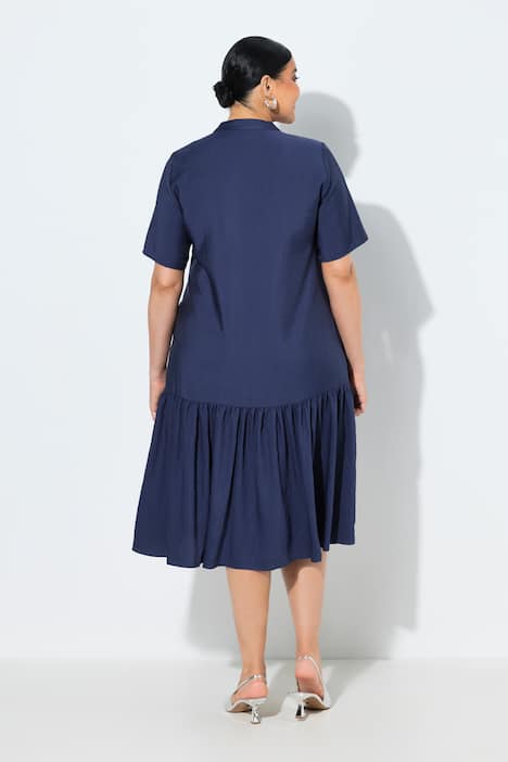 Sukienka midi, falbana, linia A, dekolt w szpic, rękawy 1/2