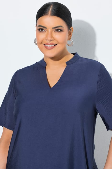 Sukienka midi, falbana, linia A, dekolt w szpic, rękawy 1/2