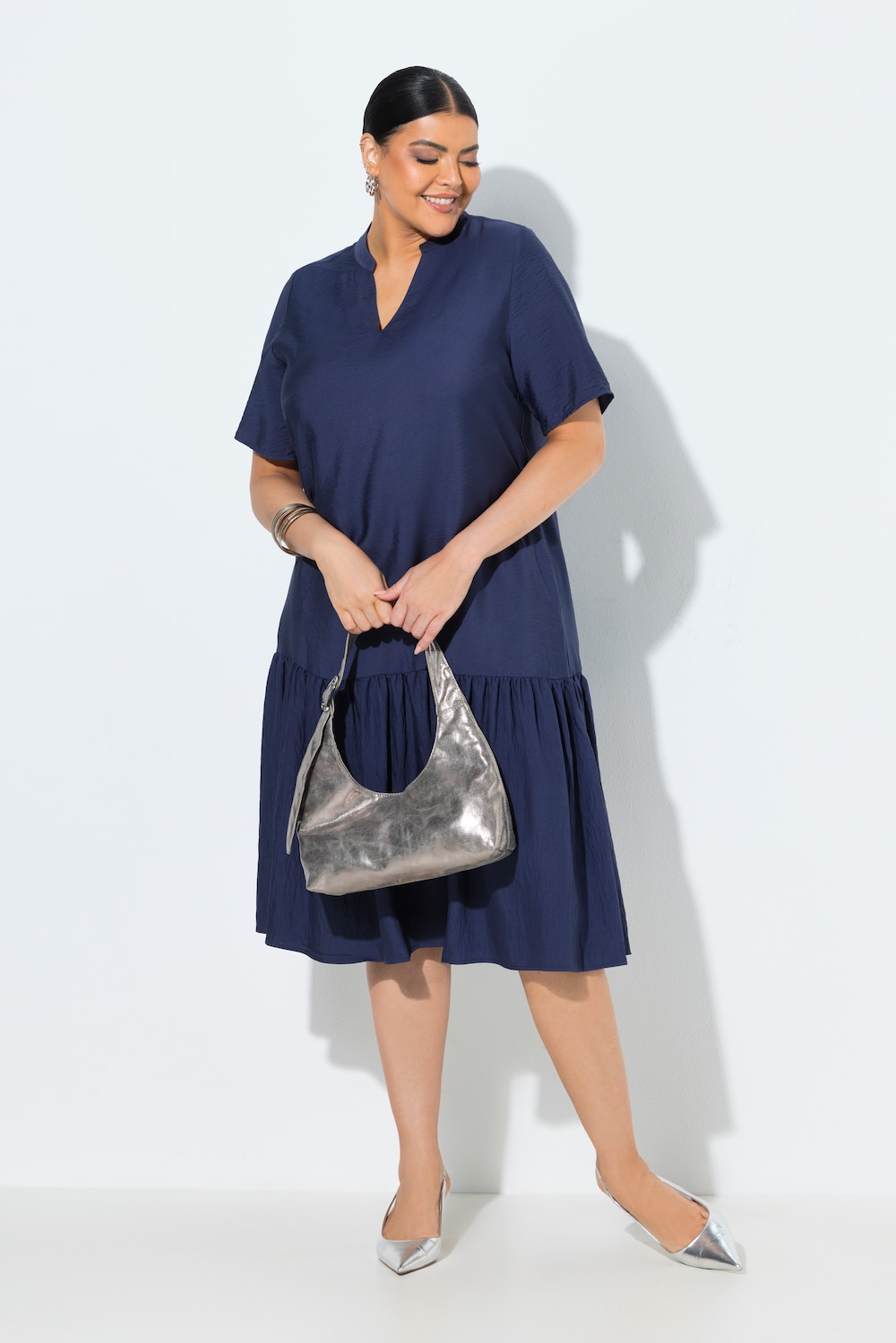 Midikleid, Volantsaum, A-Linie, V-Ausschnitt, Halbarm