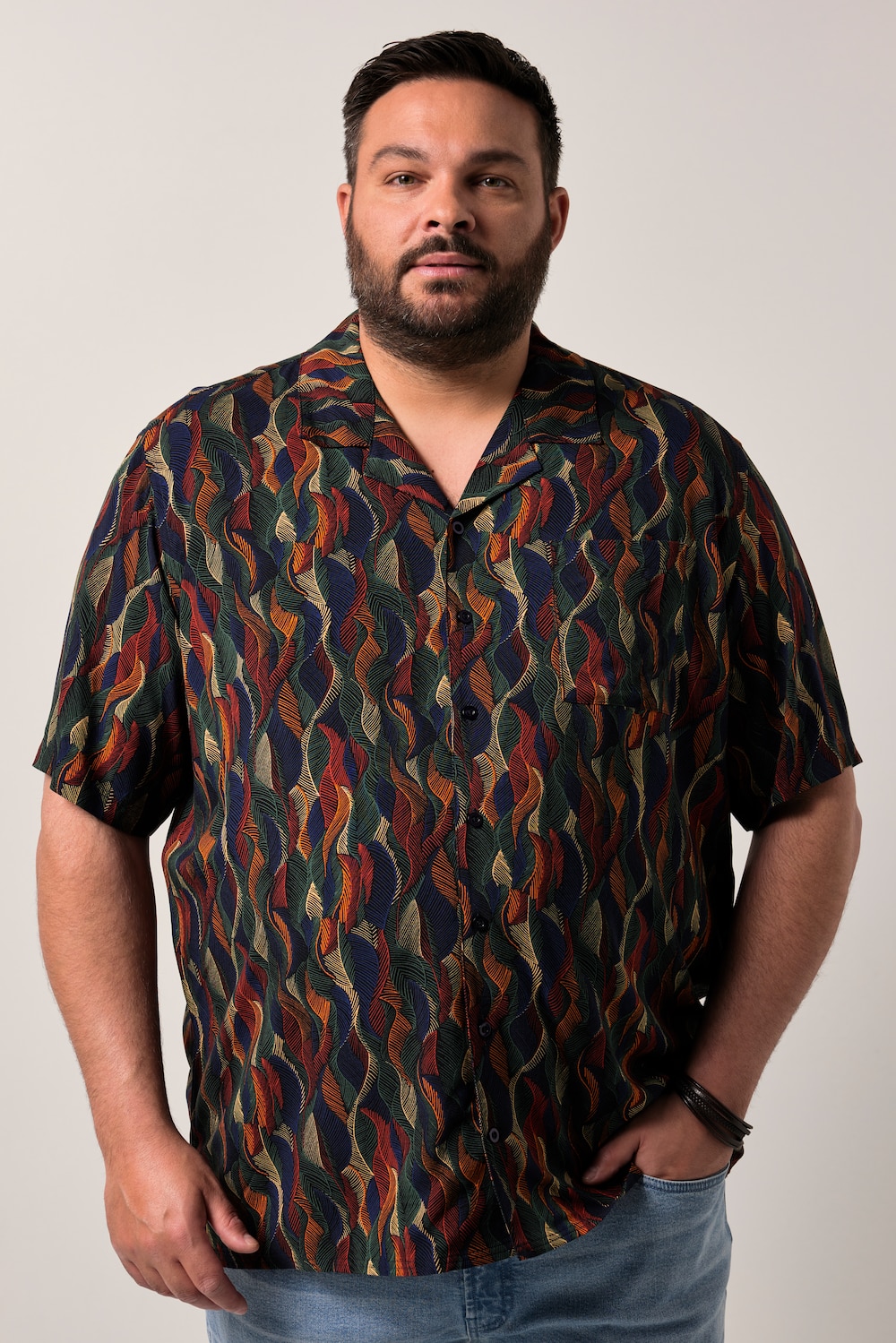Men+ Viskose-Hemd, Halbarm, Alloverprint, Cubakragen, Cuba Fit, bis 8 XL