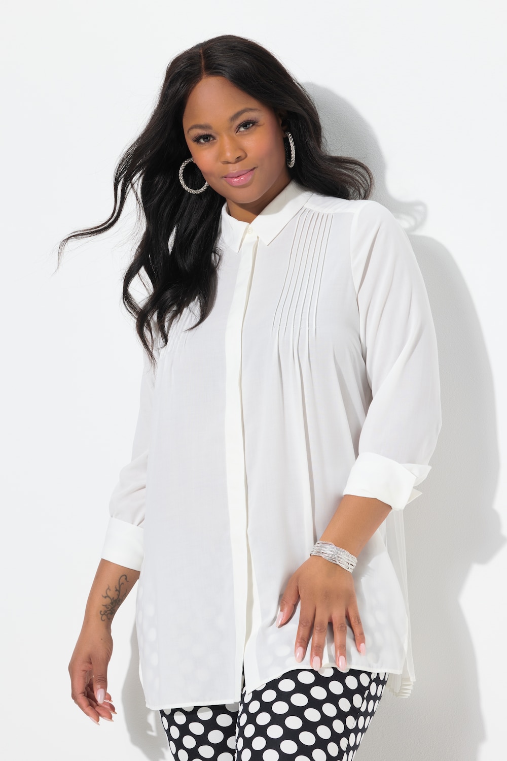 Blouse, geplooide rug, A-lijn, overhemdkraag, lange mouw