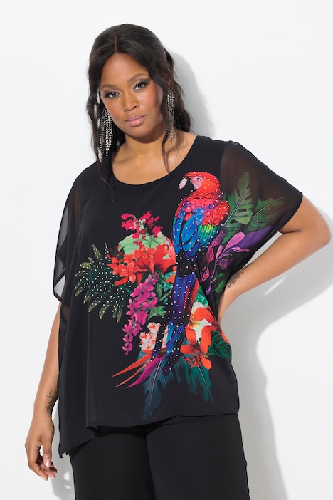 Tropical Motif Layered Chiffon Blouse