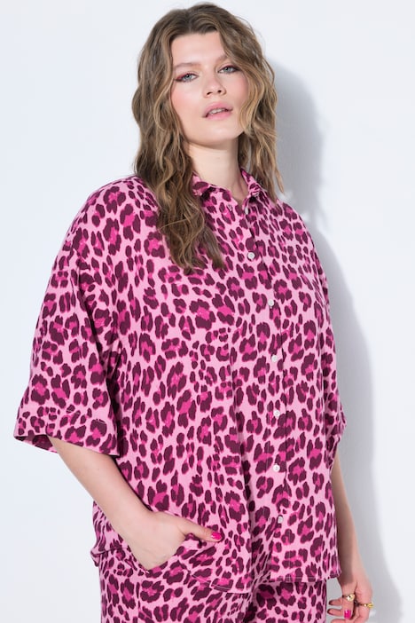 Musselin-Bluse, oversized, Color-Leo