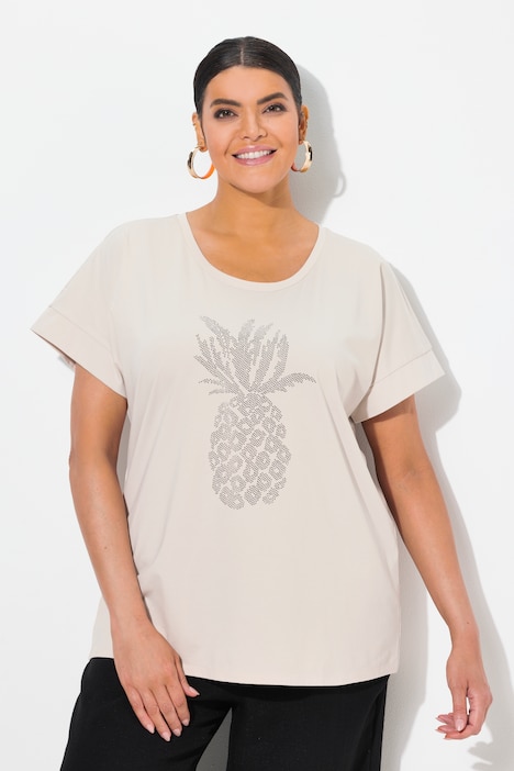T-shirt, siersteentjes ananas, oversized, ronde hals, halflange mouwen