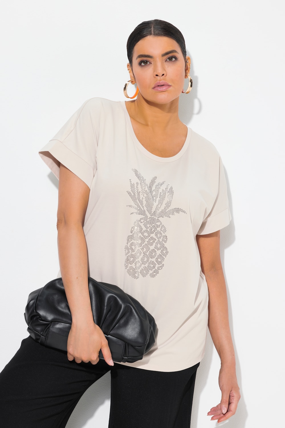 T-Shirt, Zierstein-Ananas, Oversized, Rundhals, Halbarm