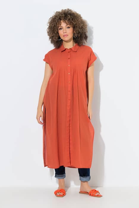 Długa bluzka, zaszewki, krój trapezowy, kołnierzyk koszulowy, rękaw 1/2