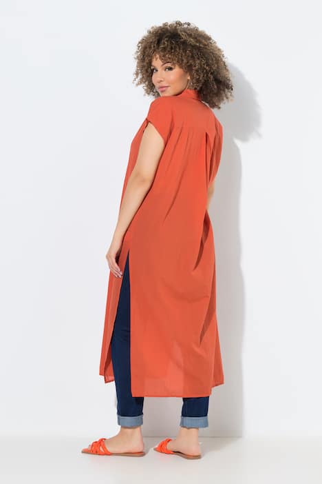 Długa bluzka, zaszewki, krój trapezowy, kołnierzyk koszulowy, rękaw 1/2