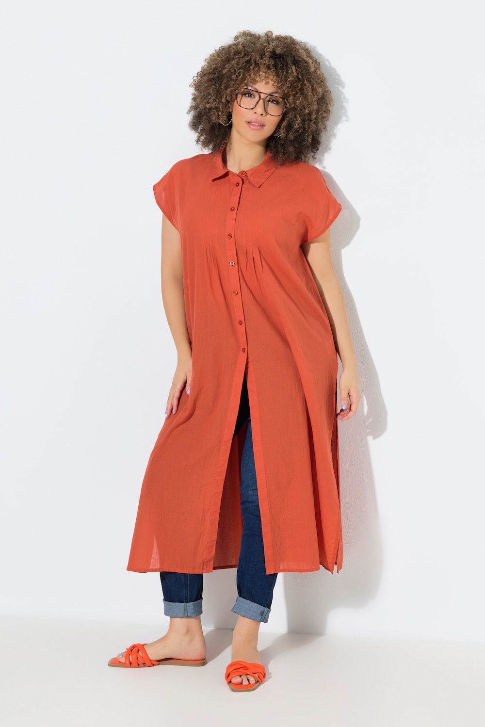 Longbluse, Biesen, A-Linie, Hemdkragen, Halbarm