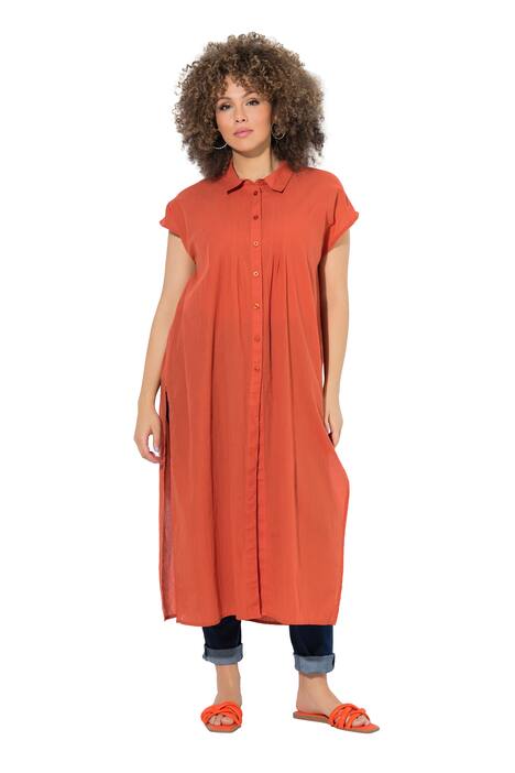 Dlouhá halenka, plisování, A střih, límeček, krátké rukávy