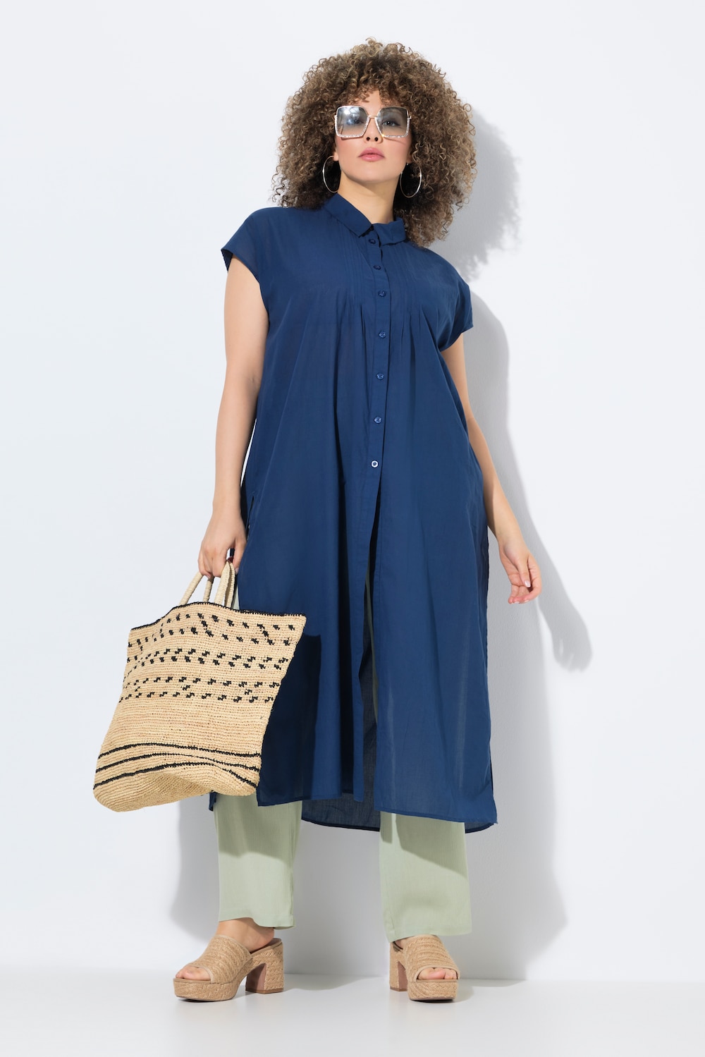 Longbluse, Biesen, A-Linie, Hemdkragen, Halbarm
